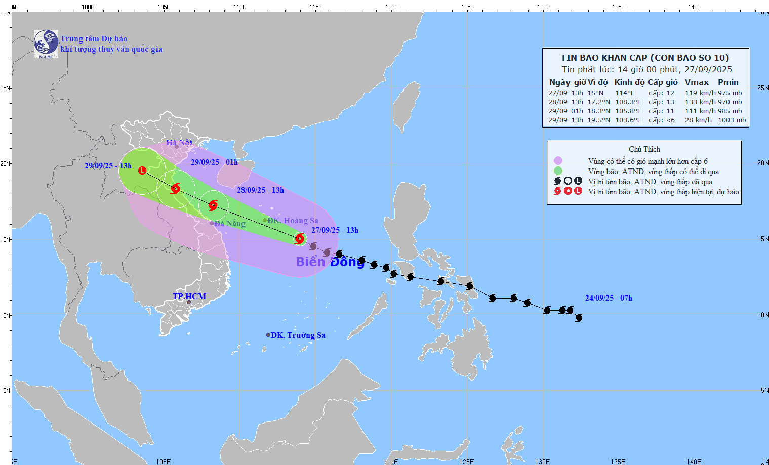 Updated location and path of storm No. 10 Bualoi at 2:00 p.m. on September 27. Source: National Center for Hydro-Meteorological Forecasting