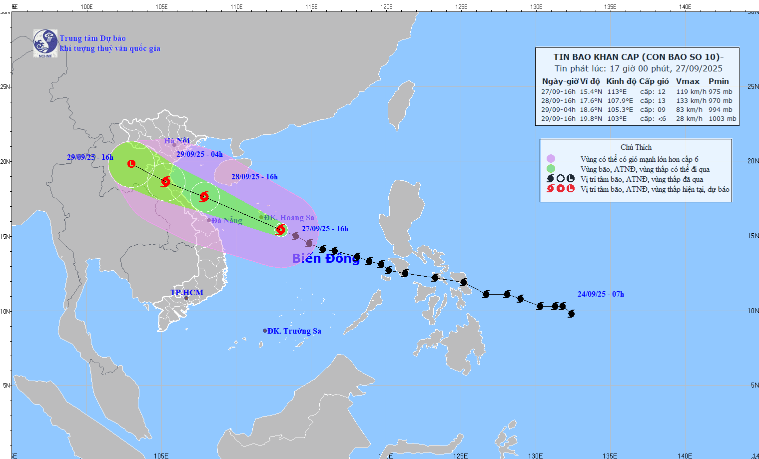 Cap nhat vi tri va duong di cua bao Bualoi vao 16 gio ngay 27.9. Nguon: Trung tam Du bao Khi tuong Thuy van Quoc gia