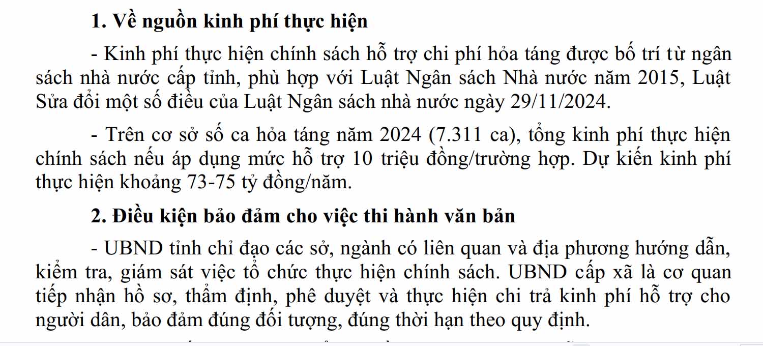 The submission of the People's Committee of Bac Ninh province stated the expected support level for the cost of burning the dead. Photo: Van Truong