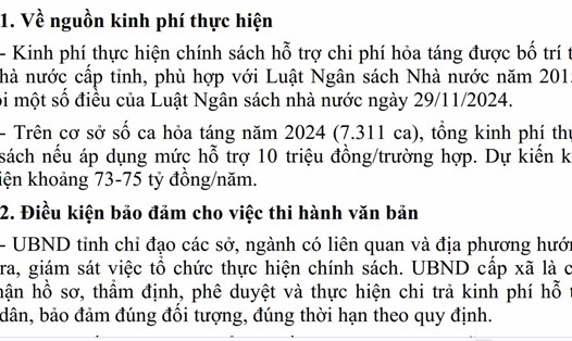 Tờ trình của UBND tỉnh Bắc Ninh nêu về mức dự kiến hỗ trợ chi phí hỏa táng người chết. Ảnh: Vân Trường