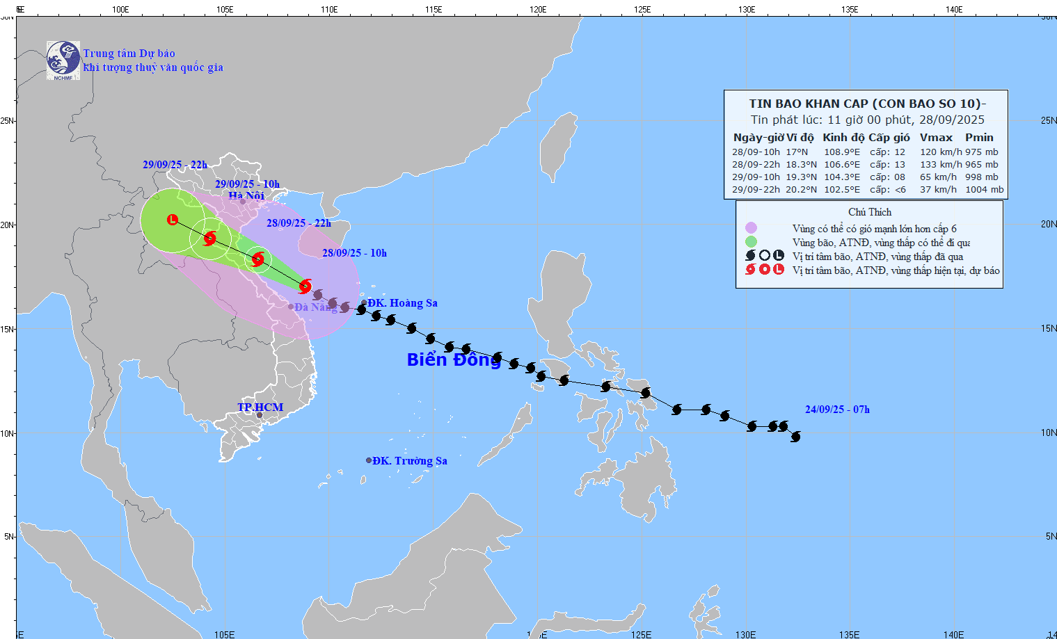 台風10号ブアロイの位置と進路を9月28日午前11時に更新。出典:国家水文気象予報センター