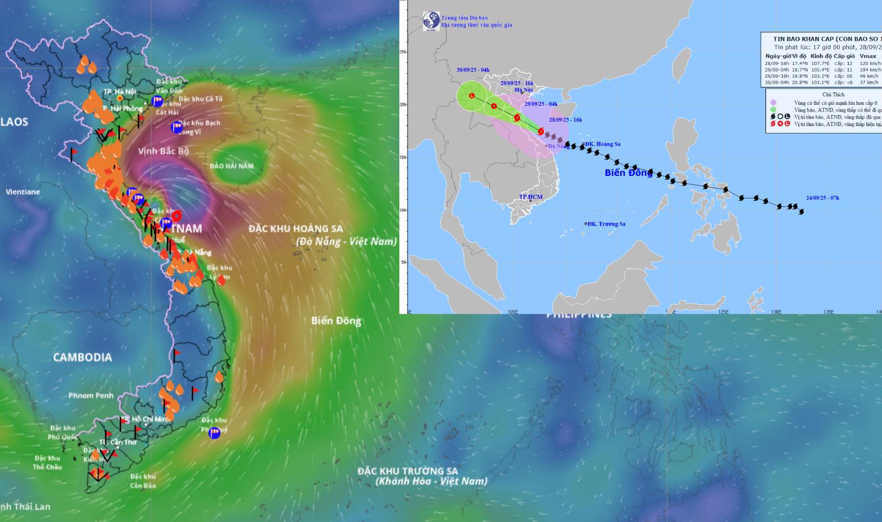 Updated location and path of storm No. 10 Bualoi at 5:00 p.m. on September 28. Source: Vietnam Disaster Monitoring System/National Center for Hydro-Meteorological Forecasting