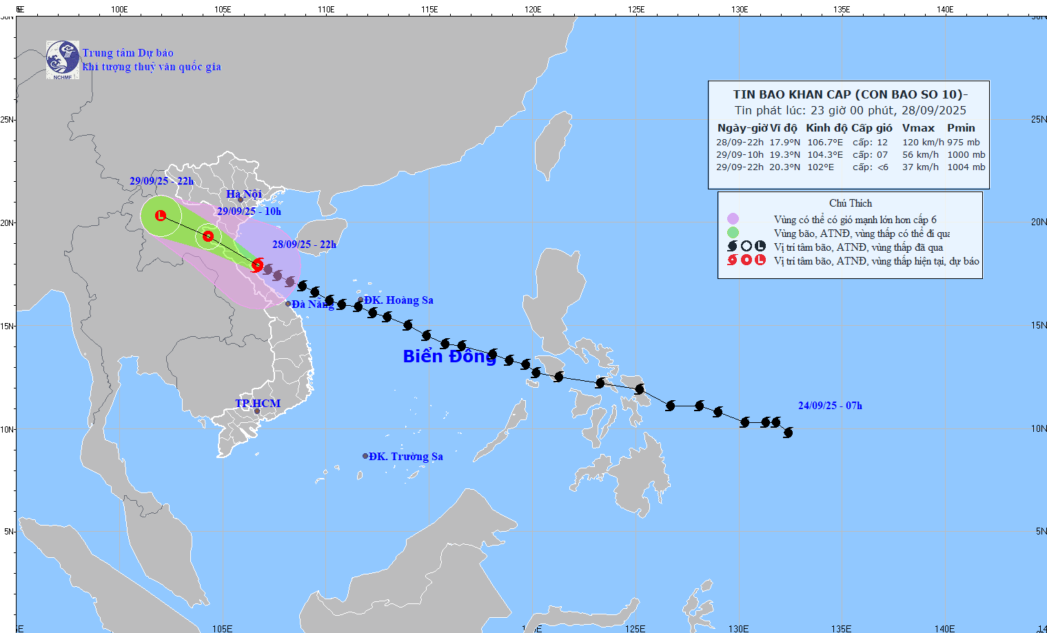 Updated location and path of storm No. 10 Bualoi at 11:00 p.m. on September 28. Source: National Center for Hydro-Meteorological Forecasting