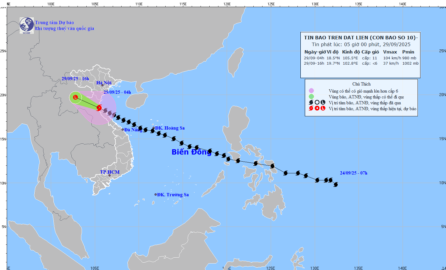Updated location and path of storm No. 10 Bualoi at 5:00 a.m. on September 29. Source: National Center for Hydro-Meteorological Forecasting