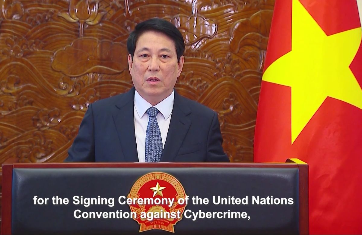 Politburo member and President Luong Cuong sent a message about the Opening Ceremony of the United Nations Convention against Cybercrime. Photo cut from the Ministry of Foreign Affairs video