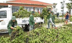 Les forces armees de la ville de Hue aident les habitants a surmonter la tempete n° 10. Photo : Q.An