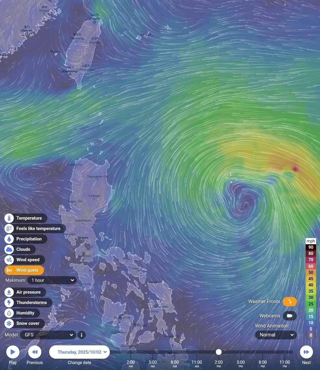 Du bao vi tri bao Paolo tiem nang ngay 2.10.2025. Anh: Windy
