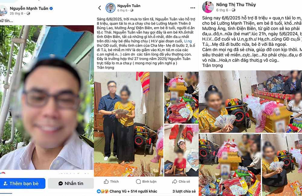  Cùng một vụ việc nhưng các đối tượng dùng nhiều tài khoản Facebook và tài khoản ngân hàng khác nhau để kêu gọi từ thiện. Ảnh: Facebook nhân vật