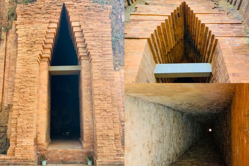 Cac hoc tuong trong long thap Giua cum thap Cham Khuong My da bi xay lap hoan toan, sau khi trung tu. Anh: Nhom PV