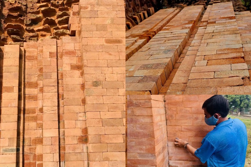 Mot mang tuong lon tren than thap Cham Khuong My duoc lam moi hoan toan bang gach Cham phuc che, khong co hoa van. Anh: Nhom PV