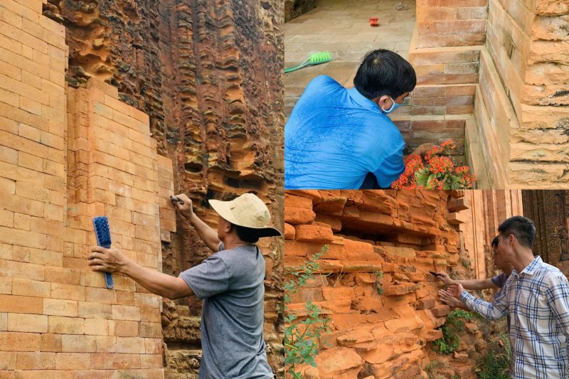 Nhan cong cua Vien Khoa hoc Cong nghe xay dung dung phuong phap thu cong de xu li, co rua be mat gach bi reu moc, muoi hoa. Den nay, nhieu tuong gach da mun nat Anh: Nhom PV