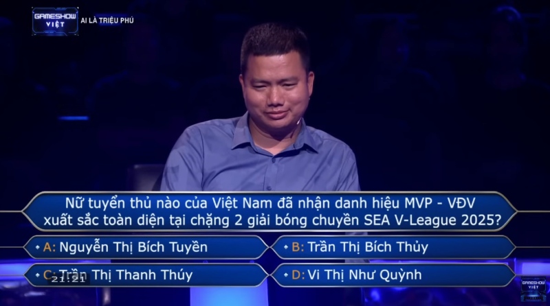Cau hoi lien quan den cac ngoi sao bong chuyen nu Viet Nam xuat hien trong chuong trinh Ai la trieu phu. Anh: Cat tu video