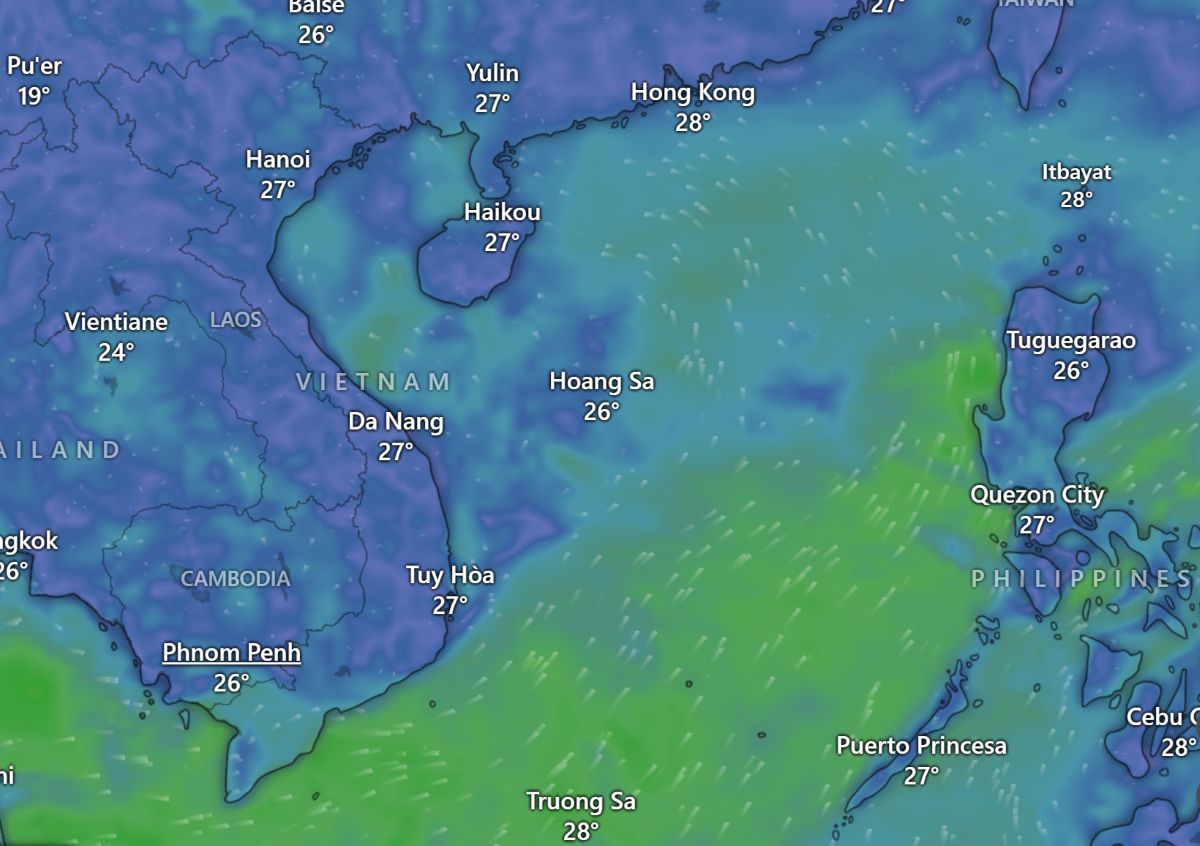 Hinh thai thoi tiet tren Bien Dong luc 6h ngay 4.9. Anh: Windy