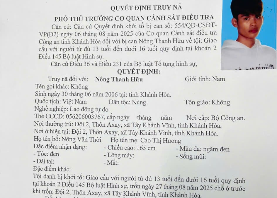 Công an ở Khánh Hòa truy nã đối tượng ở xã Tây Khánh Vĩnh về tội “Giao cấu với người từ đủ 13 tuổi đến dưới 16 tuổi”. Ảnh: Công an cung cấp