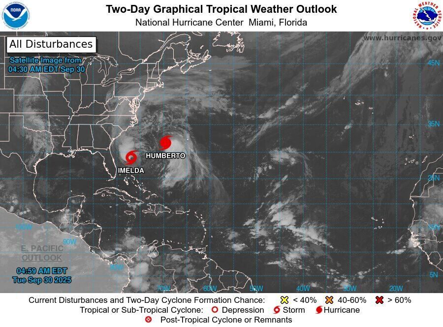 Bao nhiet doi Imelda o goc trai gan bang Florida va bao Humberto o ben phai. Anh: NOAA