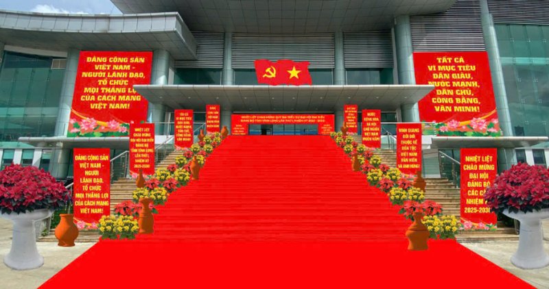 Trabajo de decoracion para los programas culturales y artisticos para celebrar el Congreso del Partido Provincial. Foto: Departamento de Cultura Deportes y Turismo de Vinh Long