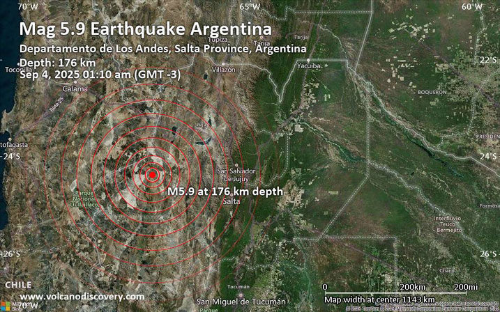 La zona roja es donde ocurrio el terremoto del 4 de septiembre Foto tomada desde el satelite del Volcano Discovery