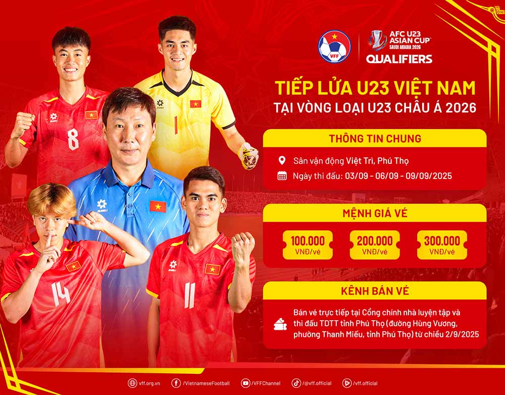 Thong tin mua ve theo doi cac tran dau cua U23 Viet Nam tai vong loai U23 chau A 2026. Anh: VFF