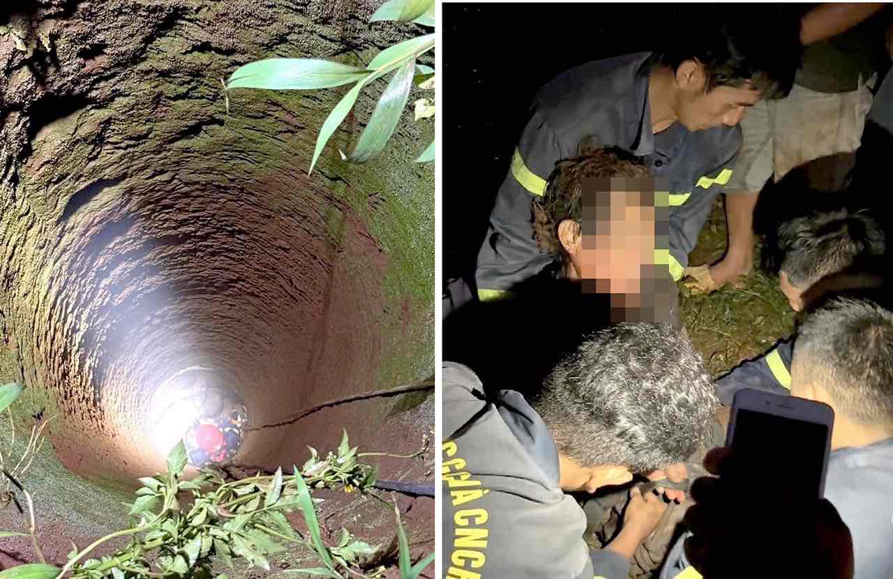 The deep dry well where the victim fell was brought to the ground by rescue and relief forces. Photo: Dong Nai Provincial Police