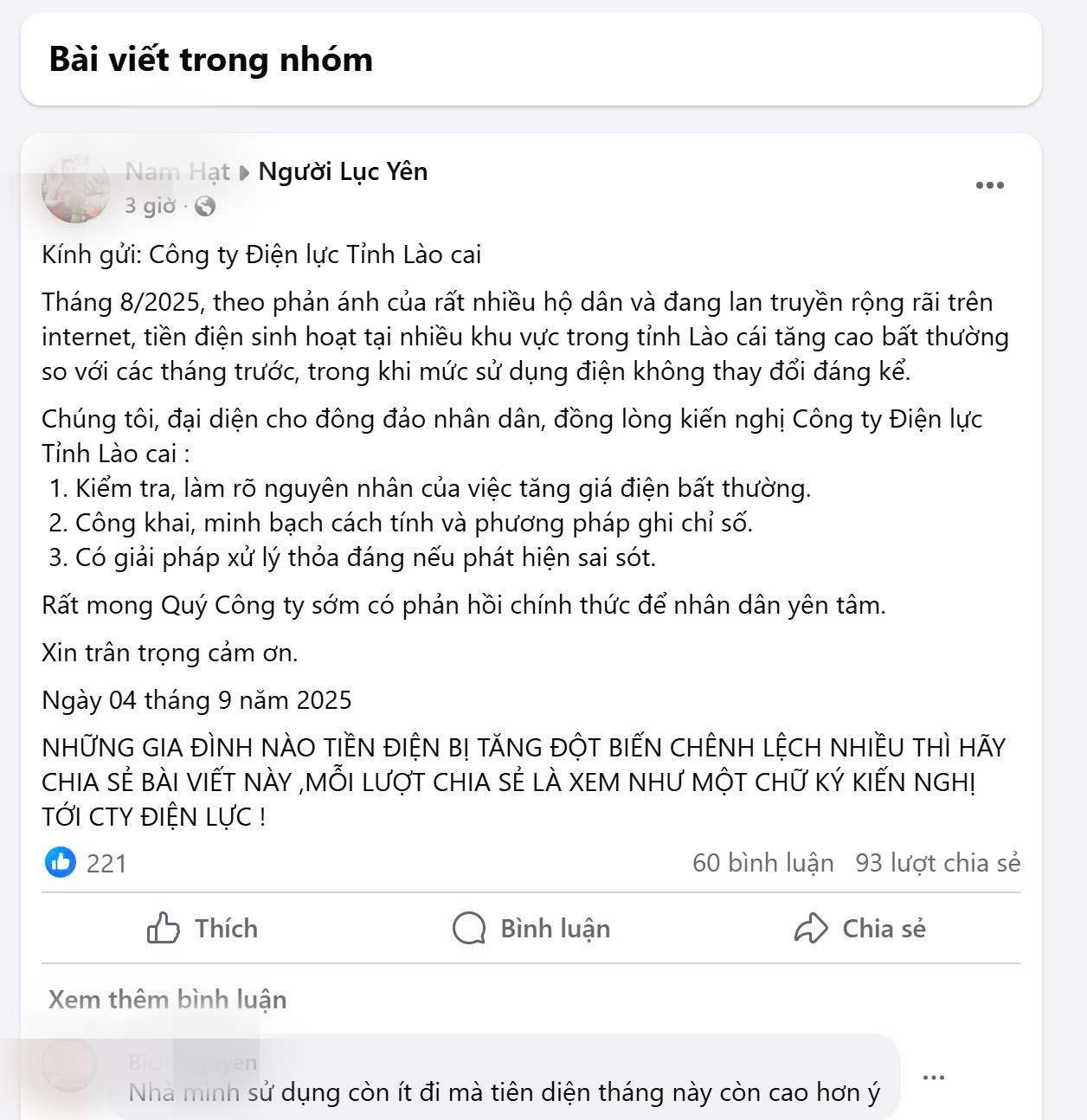 Nhieu Facebooker da sao chep noi dung nay va dua len trang ca nhan hoac cac fanpage cua dia phuong de kien nghi. Anh chup man hinh