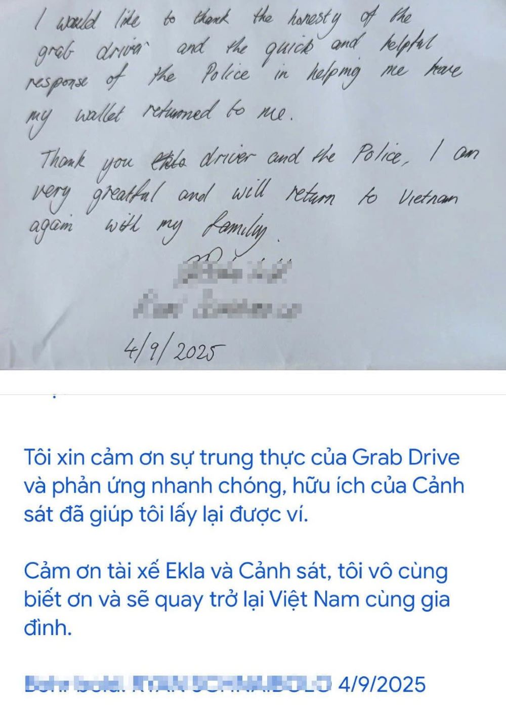 Du khach viet thu gui nhung loi cam on chan thanh gui den Cong an phuong Hoi An Dong va tai xe Grab P.K.H.N. Anh: Cong an TP Da Nang