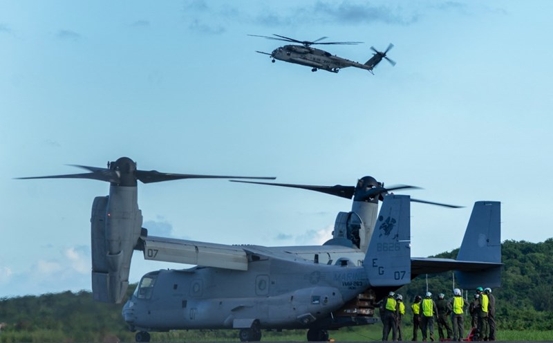 V-22 Osprey aircraft and the Sikorsky CH-53K King Stallion helicopter at Jose Aponte de la Torre airport, the former Roosevelt Roads naval base, in Ceiba, Puerto Rico, US on September 1, 2025. Photo: AFP