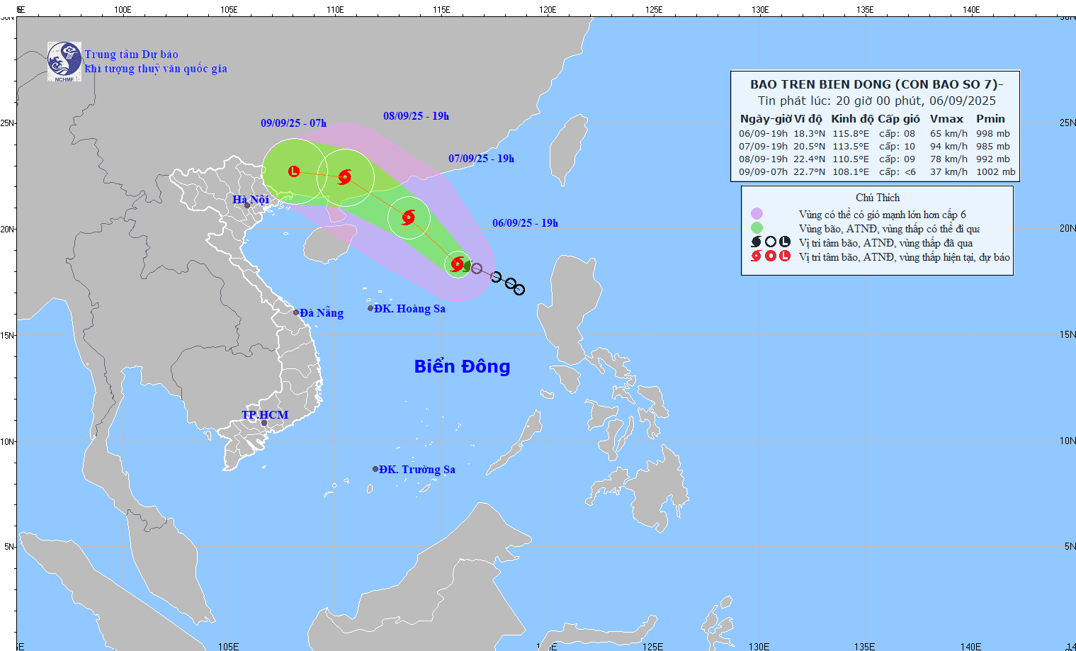 Updated location of storm No. 7 Tapah, time of landfall and affected area. Photo: NCHMF