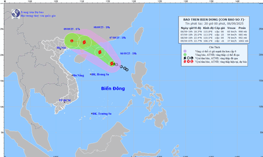 Cập nhật vị trí bão số 7 Tapah, thời điểm đổ bộ và vùng ảnh hưởng. Ảnh: NCHMF