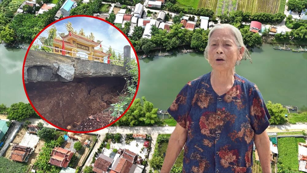 Glissement de terrain sur la riviere Bo creusant profondement la route intercommunale menaçant les maisons des habitants. Photo : Nguyen Luan