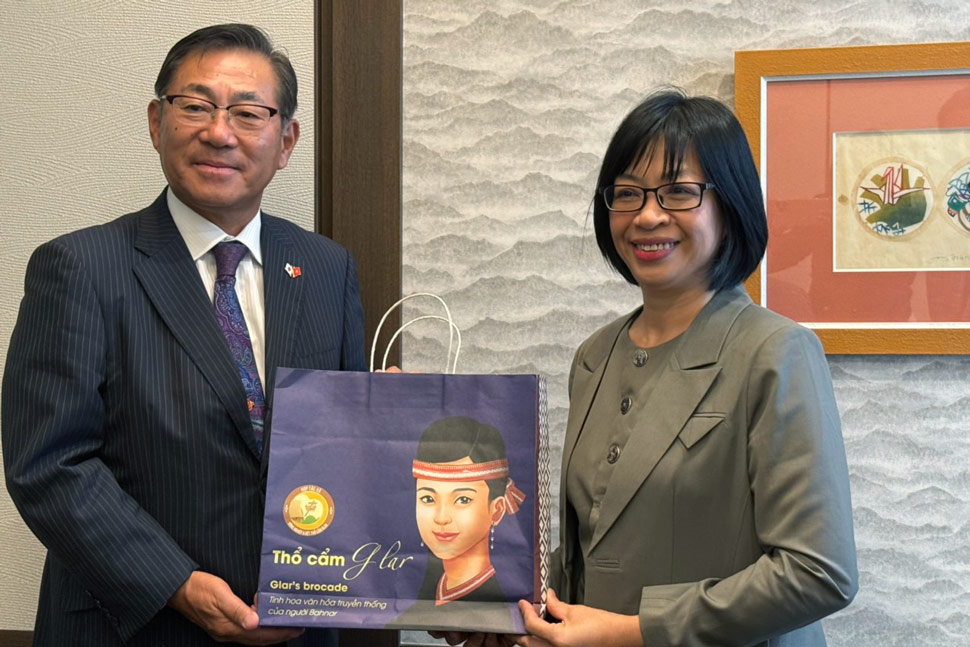 Le vice-president du comite populaire de la province de Gia Lai Nguyen Thi Thanh Lich a donne un cadeau a M. Kato Hirosuke. Photo: Huy Phuc