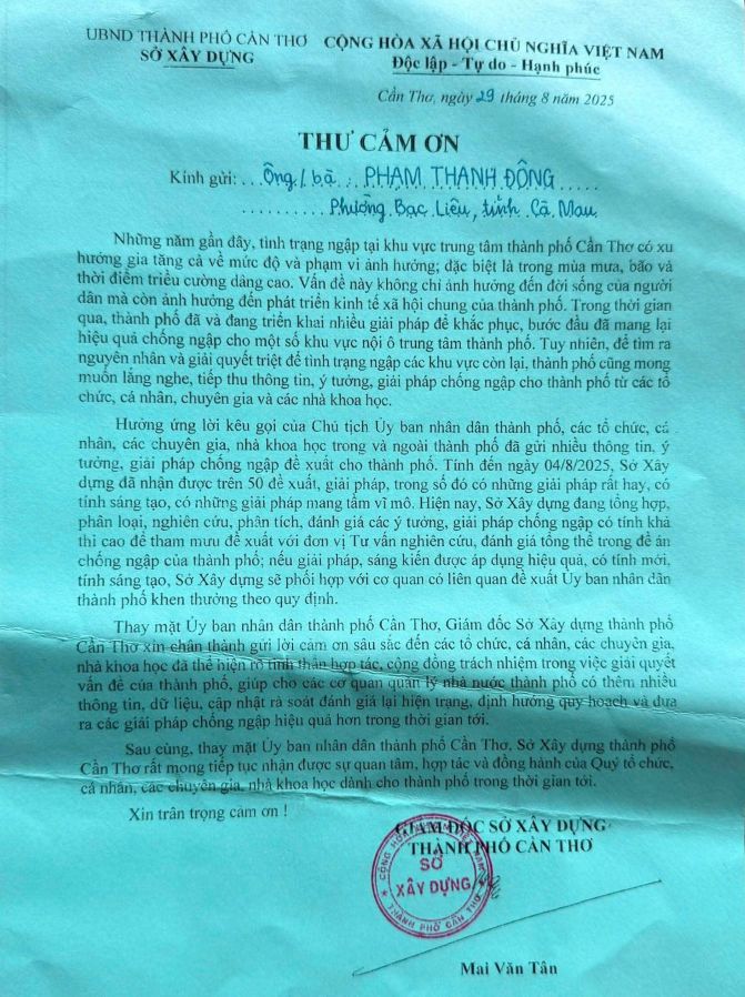 Thu cam on cua So Xay dung TP Can Tho gui nguoi dan co dong gop y tuong, sang kien chong ngap cho thanh pho. Anh: Nhan vat cung cap