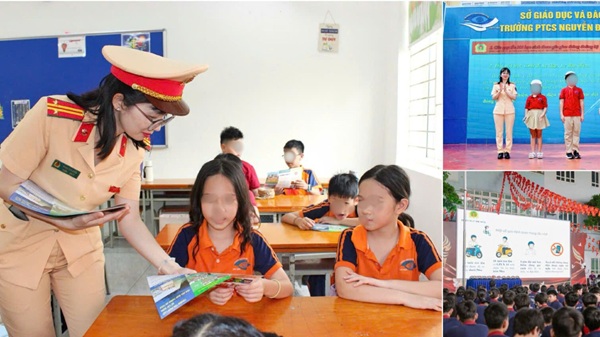 Canh sat Giao thong phoi hop voi nganh giao duc tuyen truyen trat tu an toan giao thong. Anh: Hoang Ha