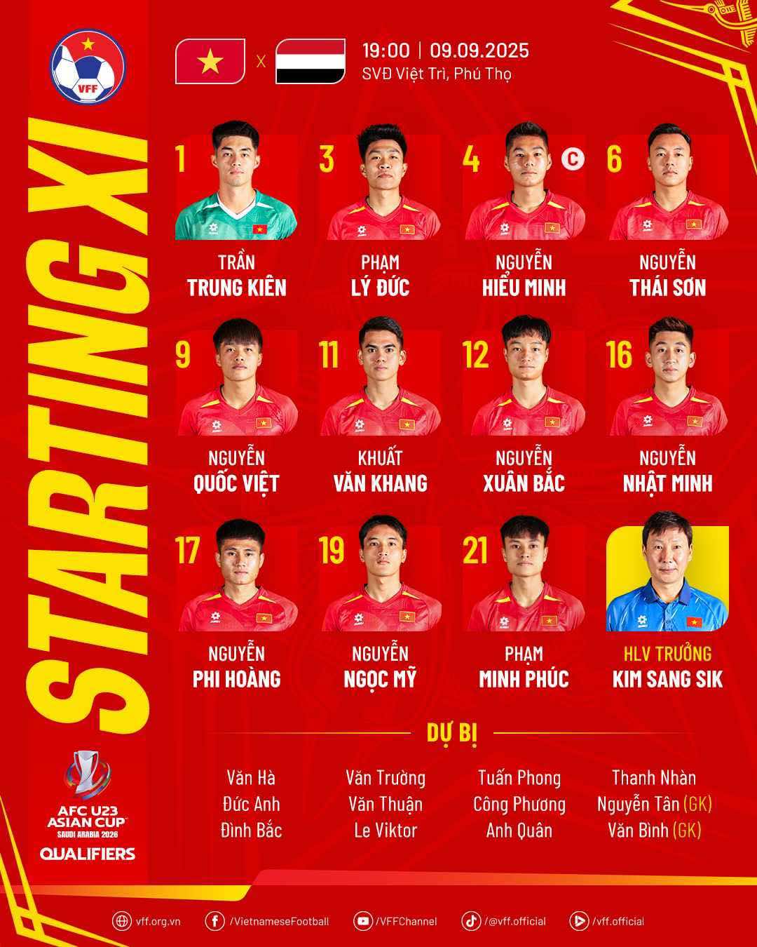Doi hinh xuat phat cua U23 Viet Nam. Anh: VFF
