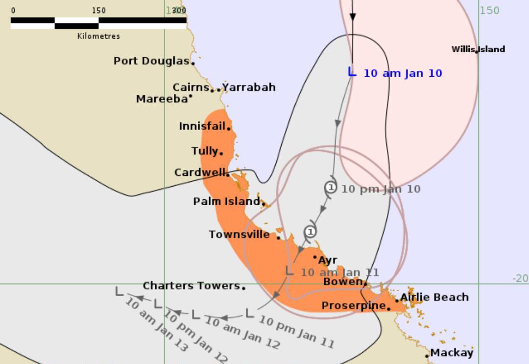 熱帯低気圧12Uから形成された台風コジの進路と影響範囲の予測。写真:BOM