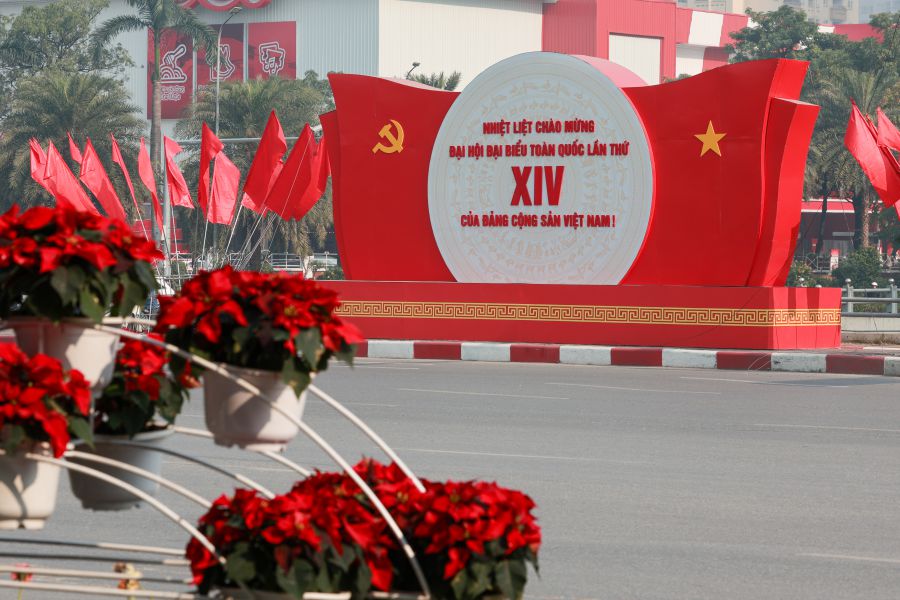 Hanoi streets are brilliantly decorated with flags and flowers to celebrate the 14th National Party Congress. Photo: Hai Nguyen