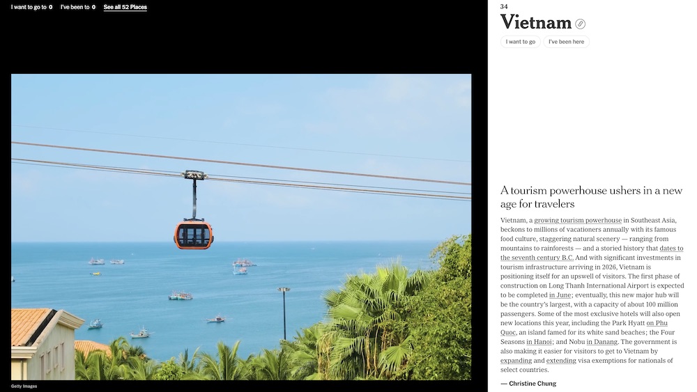 New York Times chon cap treo Hon Thom tai Phu Quoc - tuyen cap treo 3 day dai nhat the gioi - de minh hoa cho nhan dinh rang co so ha tang du lich tai Viet Nam dang ngay cang phat trien. Anh: New York Times