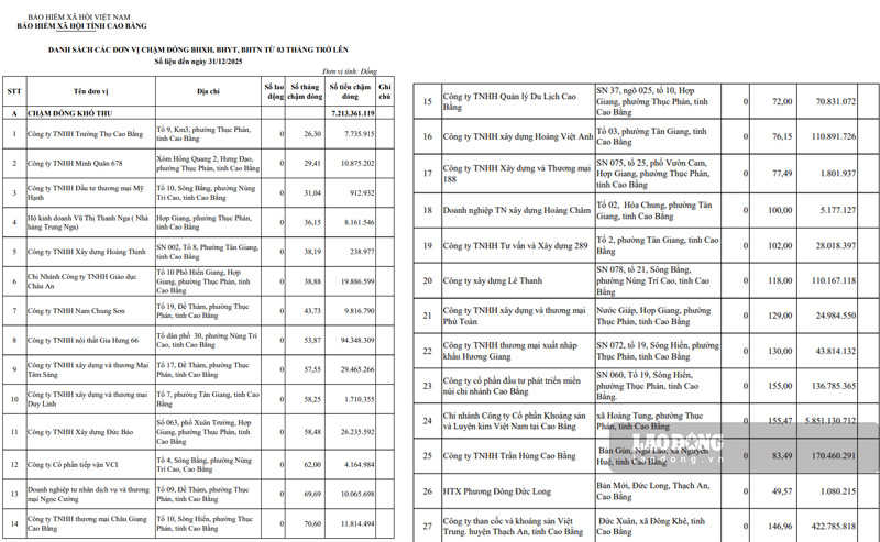 27 doanh nghiep o Cao Bang cham dong, tray y nghia vu Bao hiem xa hoi qua nhieu thang. Anh: Duy Dung