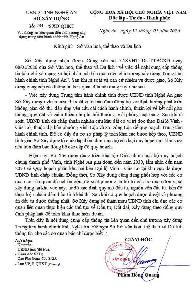 Van ban cua So Xay dung Nghe An cung cap thong tin lien quan den chu truong xay dung Trung tam hanh chinh tinh. Anh: Ngoc Anh