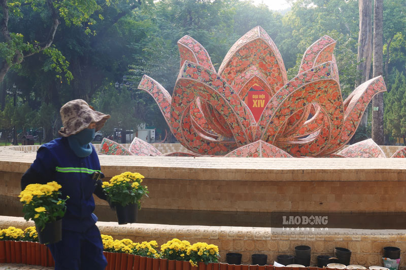 Cong nhan tat bat chuan bi tung chau cay, bon hoa tuoi moi. Tu nay cho den khi be mac Dai hoi, cay va hoa se duoc thay moi, dam bao khong gian pho phuong luon ruc ro.