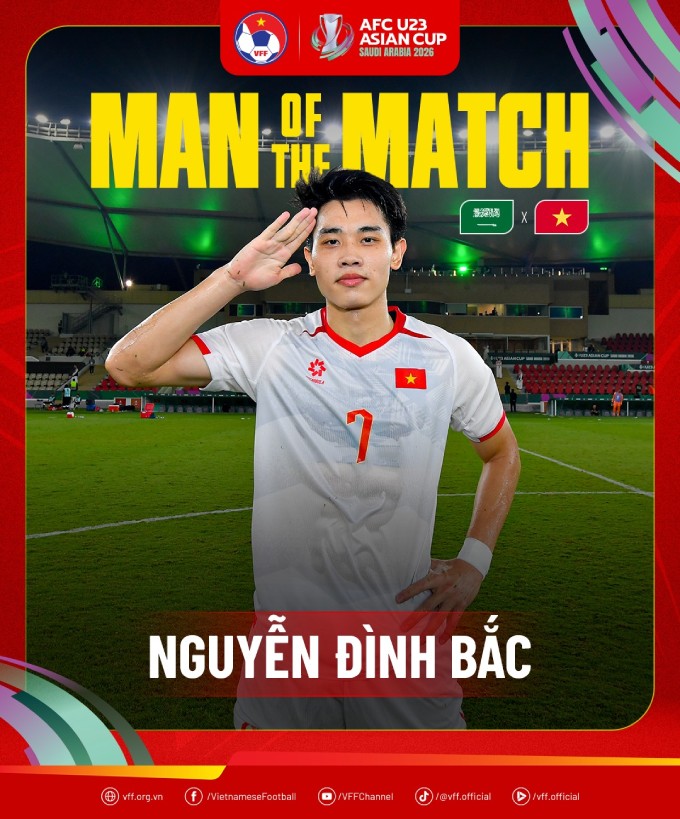 Dinh Bac la “Cau thu xuat sac nhat” trong tran thang cua U23 Viet Nam truoc U23 Saudi Arabia. Anh: VFF