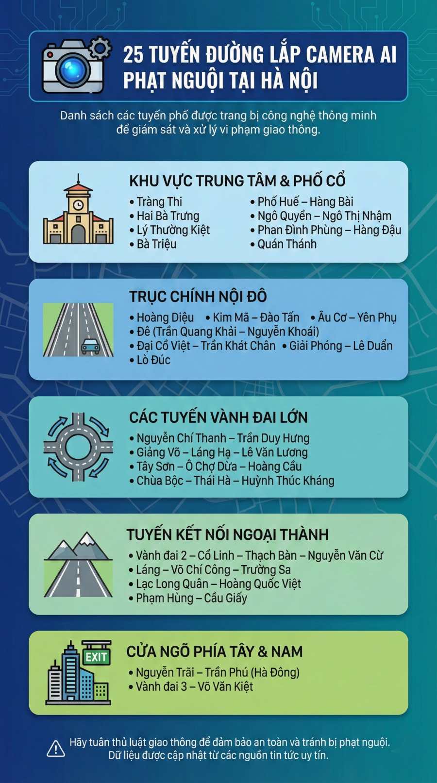 25 tuyến đường lắp camera AI phạt nguội ở Hà Nội. Đồ hoạ: Trà My