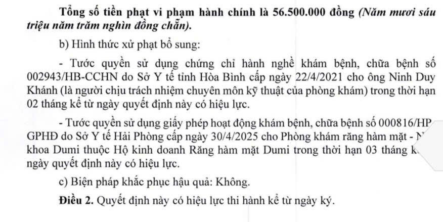 Dumi Dental Clinic - Dental Clinic (Hung Dao ward, Hai Phong) fined 56.5 million VND. Photo: Dai An