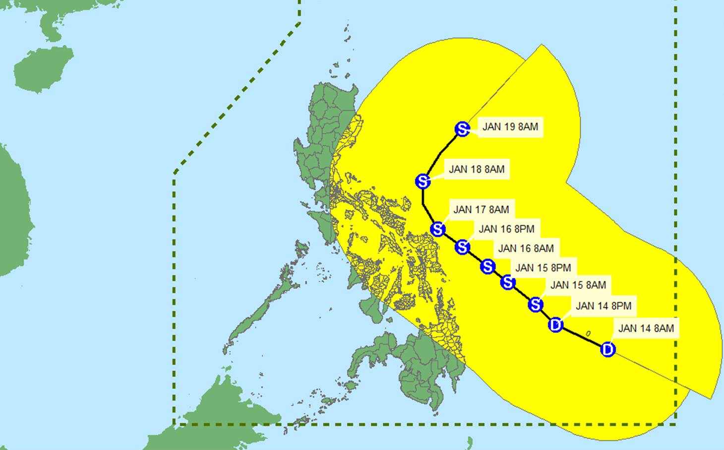 Cap nhat vi tri cua ap thap nhiet doi sap thanh bao gan Bien Dong. Anh: PAGASA