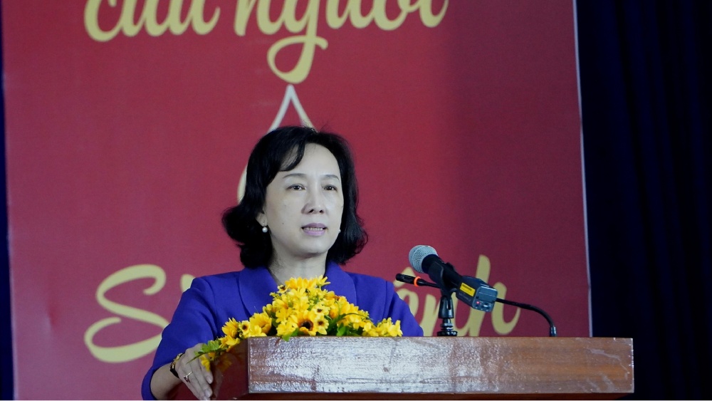 Ba Nguyen Thi Minh Thuy, Pho Chu tich UBND tinh, Truong Ban Chi dao Van dong hien mau tinh nguyen tinh An Giang phat bieu. Anh: Nguyen Anh