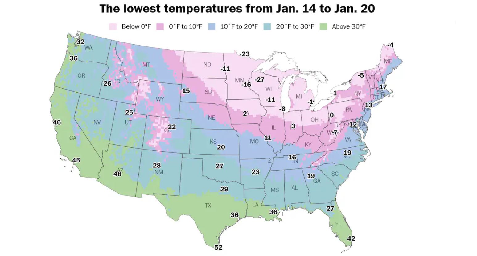 Cold air causes temperatures in the US to drop sharply from January 14-20. Photo: ECMWF