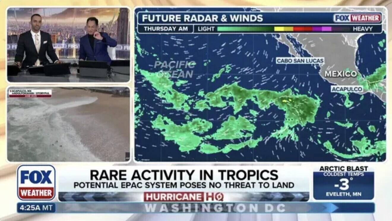 Wind direction simulation map and radar from FOX Weather show a disturbance zone forming off the coast of Mexico, which may develop into a tropical depression early next week. Photo: FOX Weather