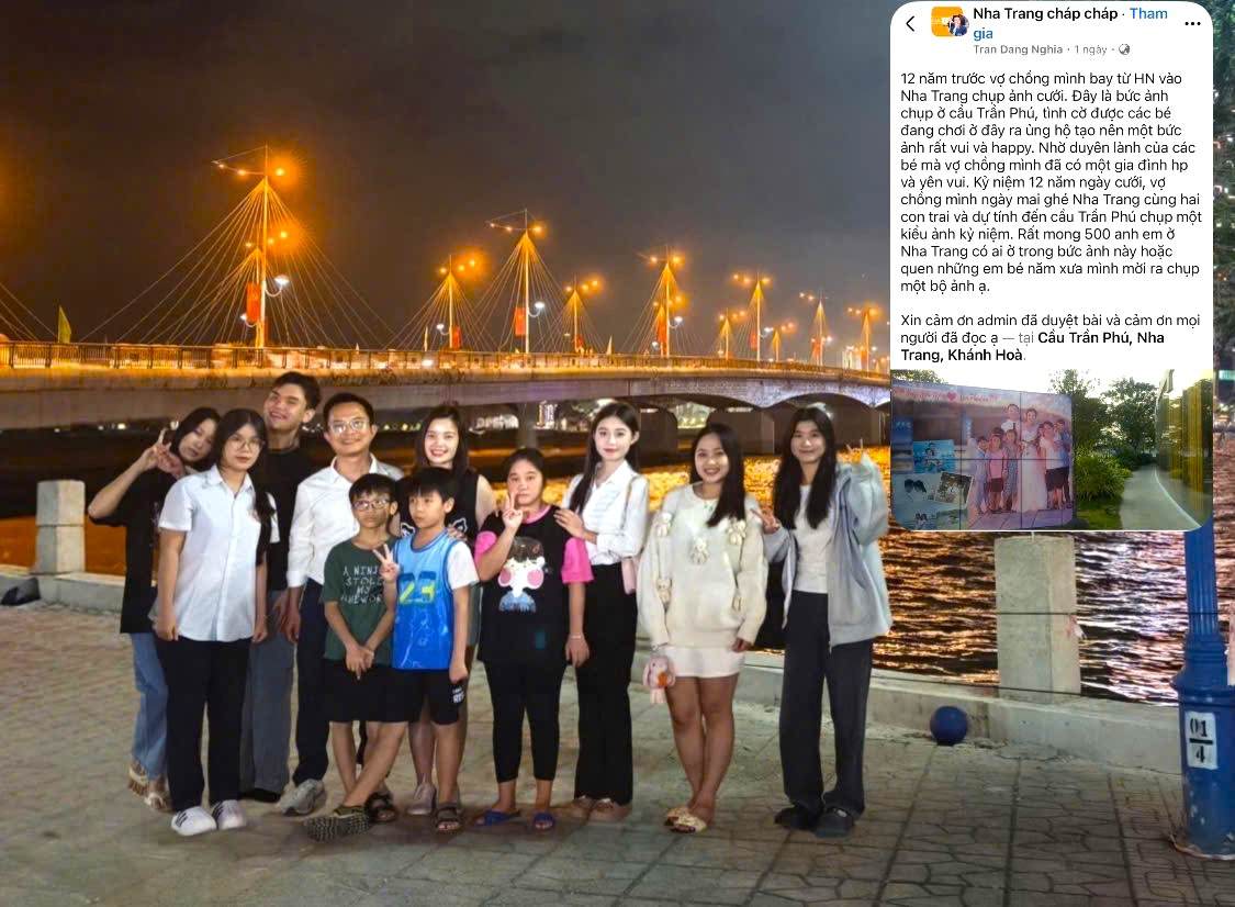 Special wedding photo taken by Tran Phu bridge (Nha Trang). After 12 years, those who were once strangers in the frame have now reunited with emotion. Photo: NVCC