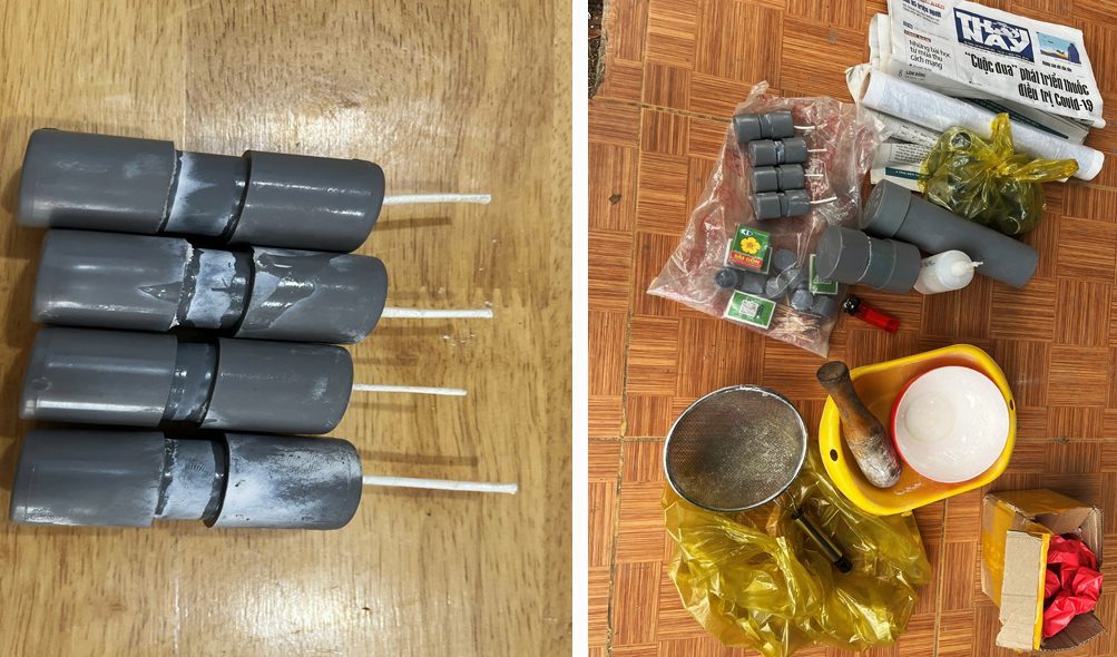 Pháo tự chế và các nguyên, vật liệu dùng để chế tạo pháo do nhóm học sinh giao nộp cho cơ quan công an. Ảnh: Công an cung cấp 
