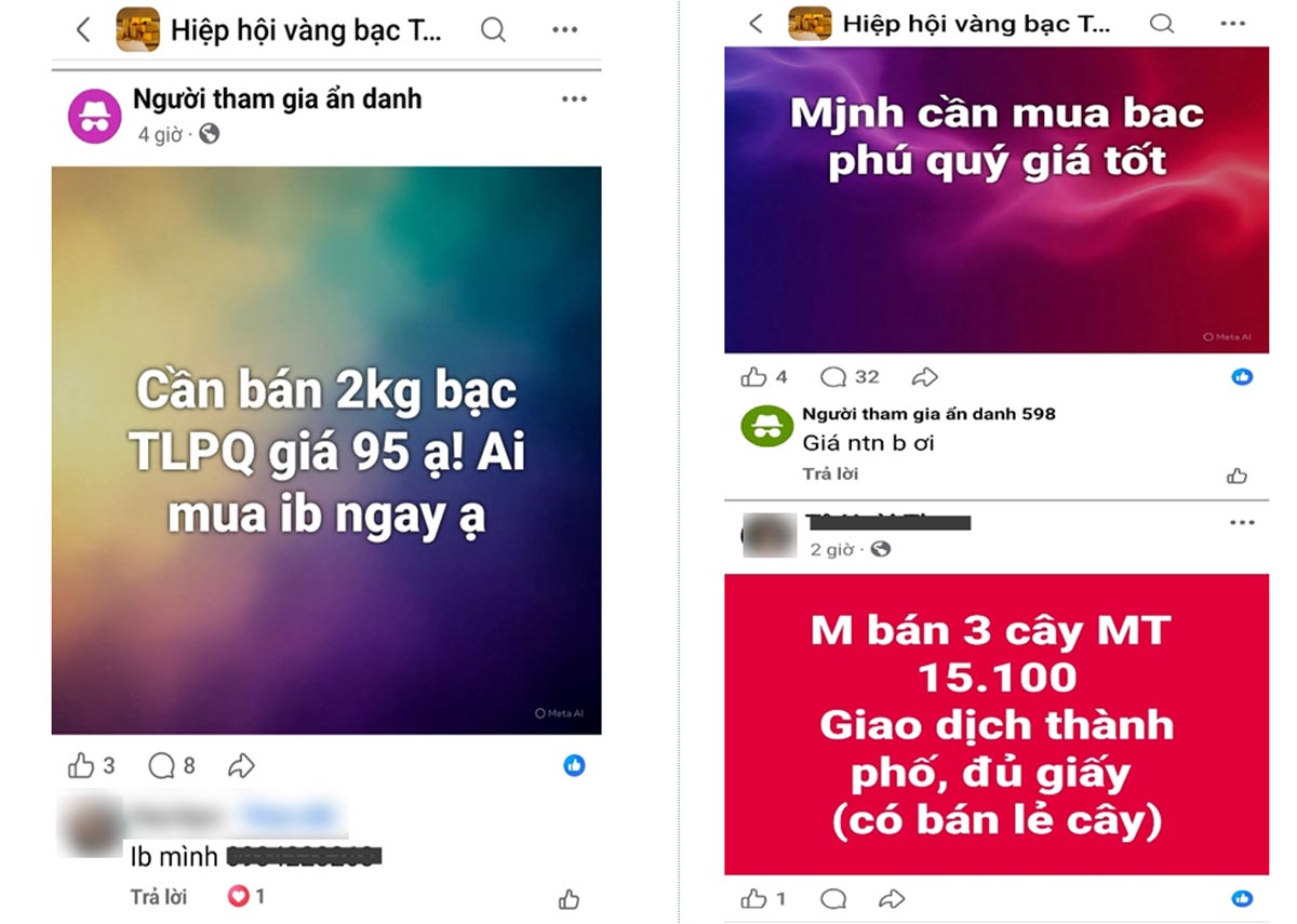 Một số bài viết lôi kéo mua bán vàng, bạc giá một nửa chênh lệch cửa hàng trên mạng xã hội facebook. Ảnh: Công an tỉnh Hưng Yên
