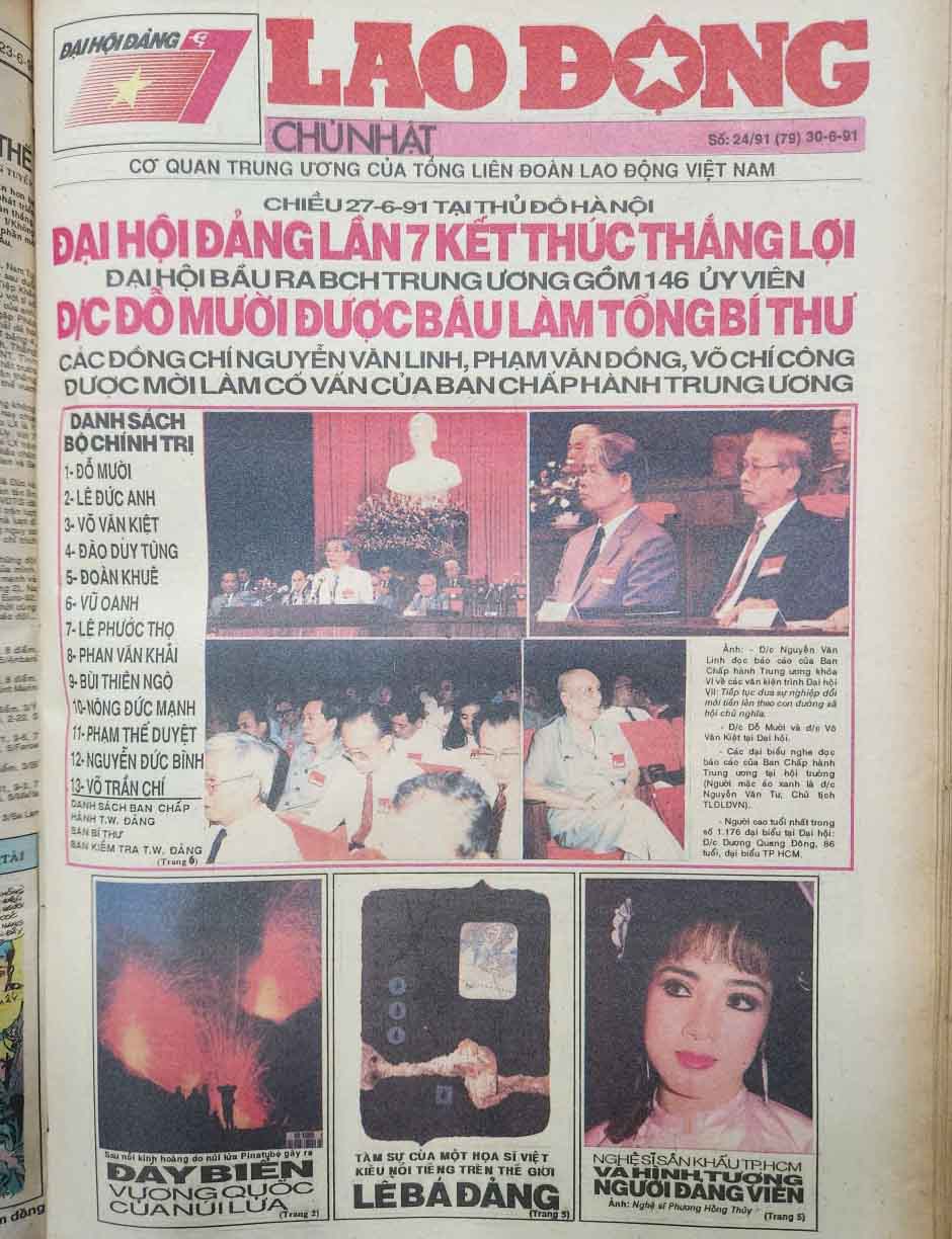 So bao Lao Dong Chu nhat ra ngay 30.6.1991, Bao Lao Dong da danh phan lon so bao de tuyen truyen dam net Dai hoi Dang lan thu VII ket thuc thang loi. Anh: Anh Huy.